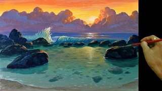 Acrylic Landscape Painting in Time-lapse / Sunset on Shallow Beach  / JMLisondra