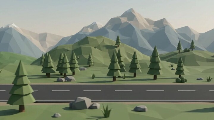 Low-poly highway winding through green mountainous terrain with pine trees and rocks