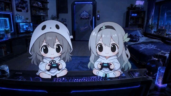 Dua orang yang bermain game di kamar tengah malam