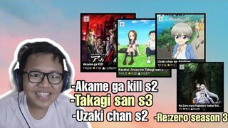 Bahas Re:zero Season3,Uzaki-chan season 2,Takagi-san season 3,Dan akame ga kill season 2||Request