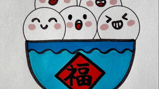 用硬币画元宵节汤圆，一看就会#画汤圆 #元宵节简笔画 #元宵节绘画