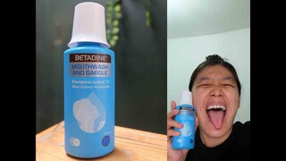 BETADINE MOUTHWASH GARLE PERTAMA KALI KUMUR RASANYA KEK OBAT. FIRST REACTION DEMI BEBAS VIRUS