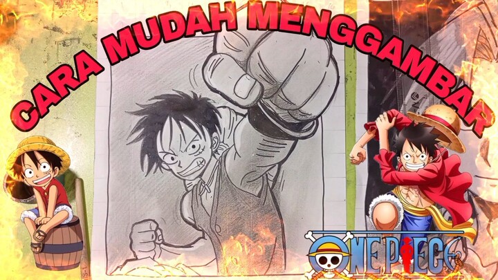 cara mudah menggambar anime one piece, Luffy