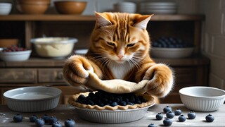 Mama Cat Makes Yummy Blueberry Pie For Her Kitten