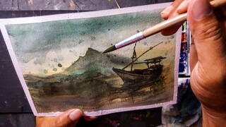 Melukis perahu sederhana | watercolor painting