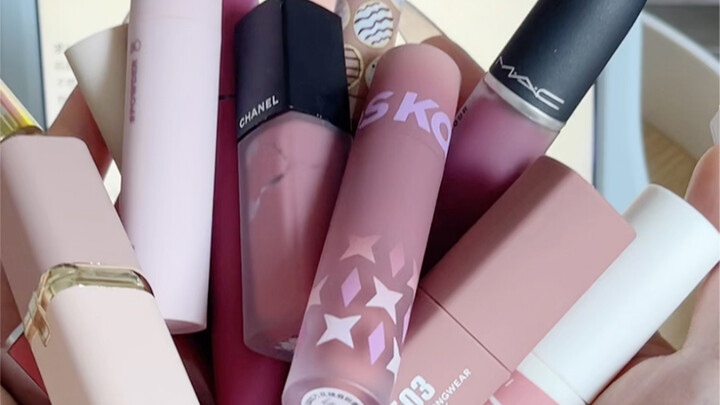 Collection of 12 low-saturation dusty pink lipsticks 💄 Shot with the original camera, no beauty filt