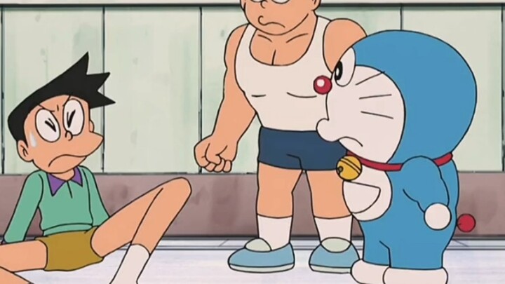 Doraemon's Nobita uses body clay to transform into a muscular man, but it's just a show-off