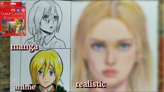 drawing historia reiss shingeki no kyojin 3 different style (manga, anime, realistic)