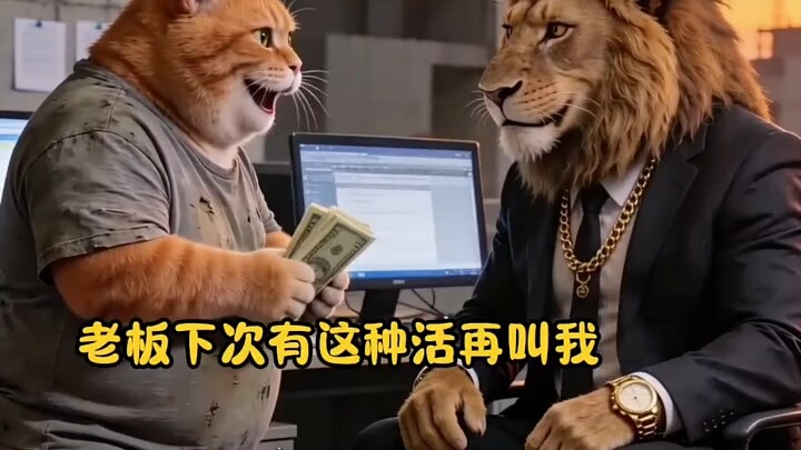 Kucing oranye kecil bekerja keras untuk mencari uang