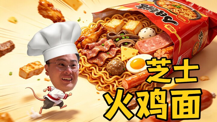 Finished work at 10 PM. Making dinner in the restaurant: cheese-flavored turkey noodles.