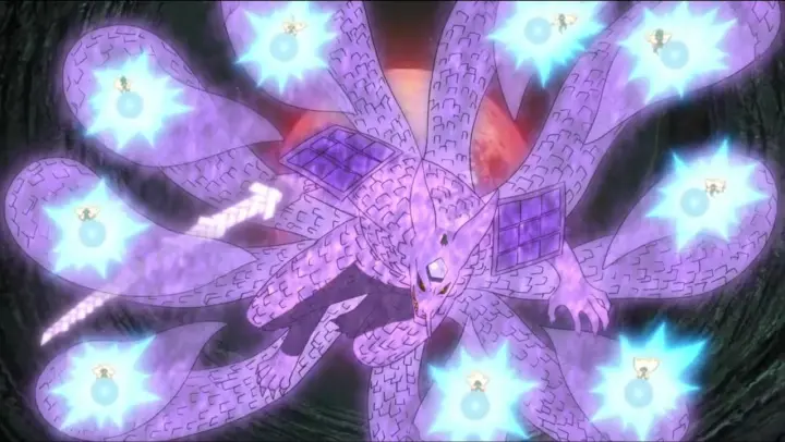 Naruto creates nine Rasengan one in each of Kurama's tails, calls for his comrades to join the fray