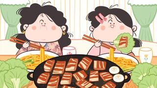 -yoki Family Animation Series｜My mom and I’s immersive grilled pork belly and spicy fried rice noodl