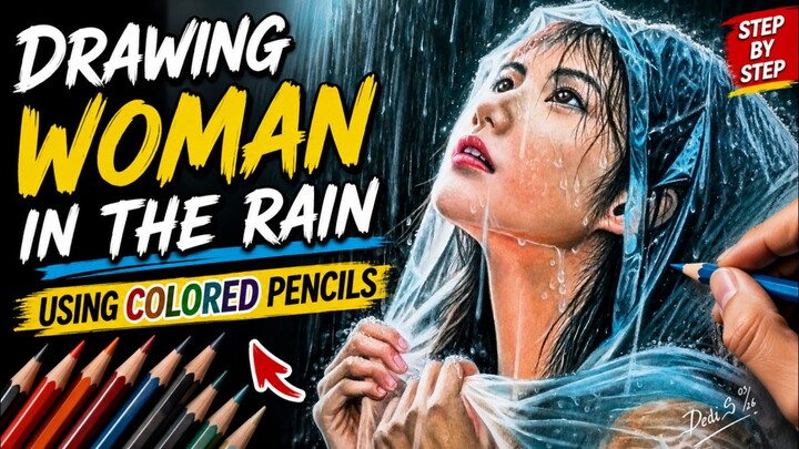Woman in the rain. long video drawing use colored pencils tutorial