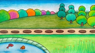 Cara menggambar taman yang indah || Menggambar taman dan kolam ikan