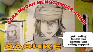 cara mudah menggambar anime Naruto karakter Sasuke