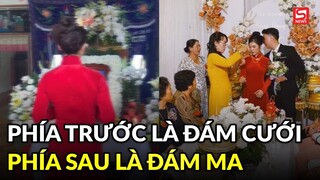 Đau lòng cảnh trước nhà tổ chức đám cưới, phía sau là lễ tang cha