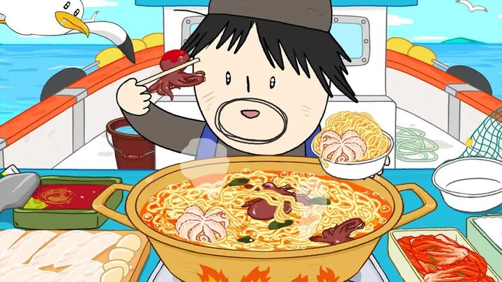 【foomuk animation】Eating seafood ramen and sashimi at sea! Just eat such a seafood!