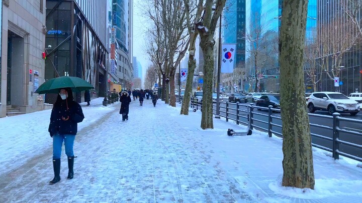 Seoul Winter Walk: POSCO Center to Yeoksam Station on a Snowy Thursday Morning