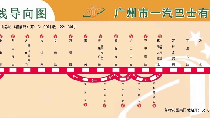中国广州公交一汽木棉花导向图巴士集团2026.01倡导排队（及爱国主义教育基地）×AI歌星英文报站 1路 （2025.08.30站名）东山至芳村 双向SOSO烈陵爱国