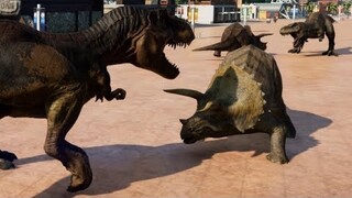 Jurassic World Evolution - 2 Triceratops & 2 T-Rex Breakout & Fight! (1080p 60FPS)