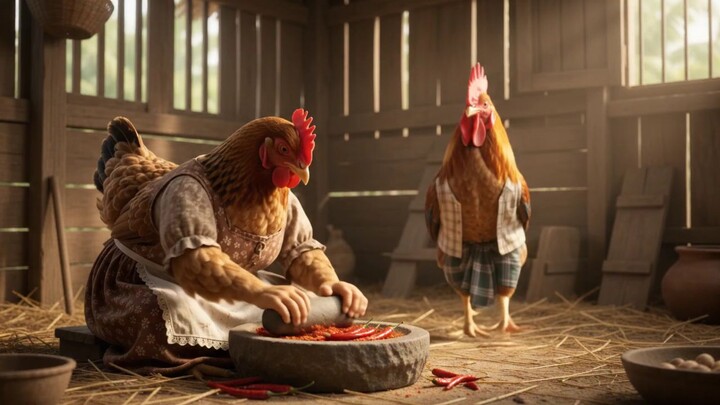 man Chicken asked to the Woman Chicken when you open box.children no eating