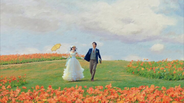 I took a wedding photo of the same oil painting style as "Woman Holding a Parasol" in a flower field
