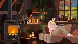 [Reading and writing in the cabin on a rainy day] 45-minute sedentary reminder // Fireplace sound / 