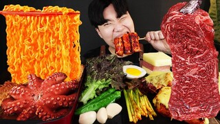 ASMR MUKBANG 열라면 & 떡볶이 & 치즈 통스팸 & 스테이크 FIRE Noodle & STEAK & CHEESE SPAM EATING SOUND!