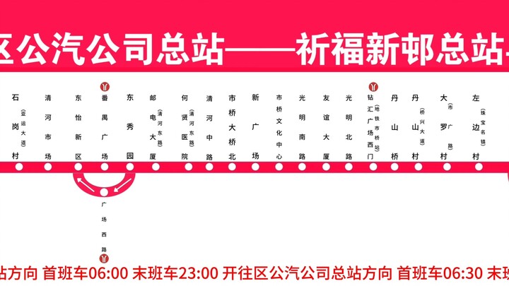 中国广州公交二汽番禺导向图巴士集团（二汽/AI旺仔小乔英文）报站 番禺1路（2026.06.09站铁） 区公汽至祈福 双向