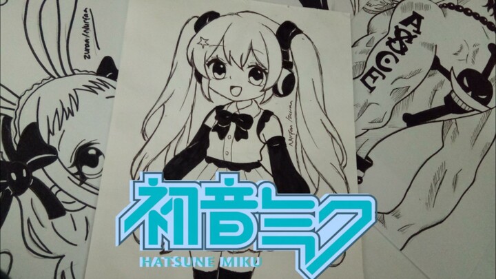 Chibi Hatsune Miku || Black and White Art (SPEED DRAWING)