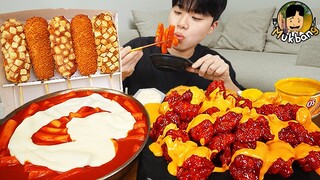 ASMR MUKBANG 체다치즈 양념 치킨먹방! 치즈 떡볶이 명랑핫도그 CRISPY FRIED CHICKEN CORN DOG EATING SOUND!