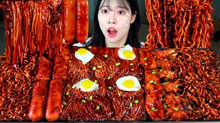 ASMR MUKBANG| 직접 만든 불닭 짜장 버섯 소세지 먹방 & 레시피 FRIED SAUSAGES AND FIRE NOODLES EATING