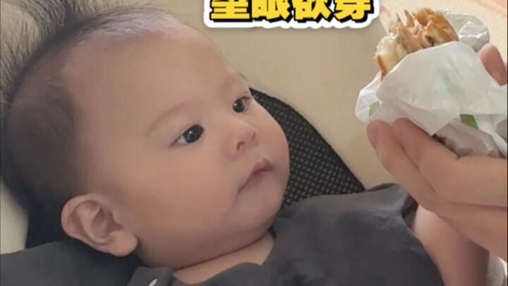 Memberi ayam Hainan berusia 5 bulan makan hamburger