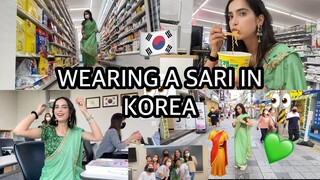 🇰🇷24 HOURS SAREE CHALLENGE IN KOREA🥻💚I wore a saree for the first time!