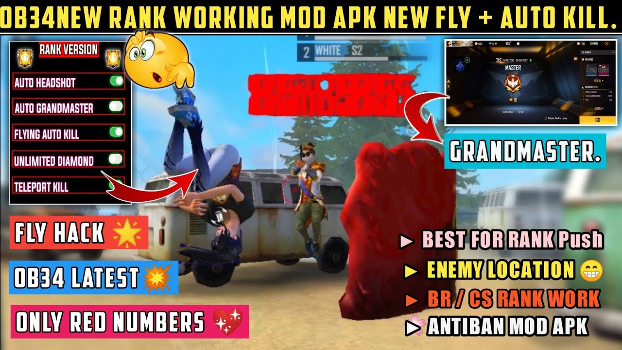 Free Fire Max Mod Menu Hack OB34 Update Today,100% Rank+Fly+Vbadge