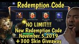 Redemption Code (NO LIMIT) in Mobile Legends |November 5, 2019 + 300 Skin Giveaway