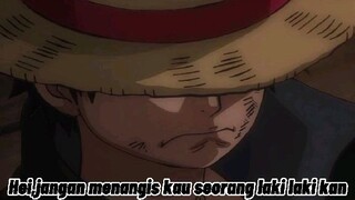 Hey jangan menangis kamu kan laki laki ucap Shanks kepada luffy