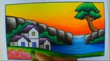 How to Draw Nature Scenery of Waterfall, Sunset and Houses _ Easy Waterfall Suns