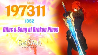 Diluc C1 & Song of Broken Pines R1 Damage Showcase - Genshin Impact