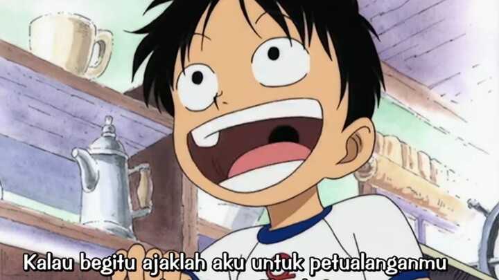 Gambarin Luffy kecil yg minta diajakin shanks buat berpetualang bareng