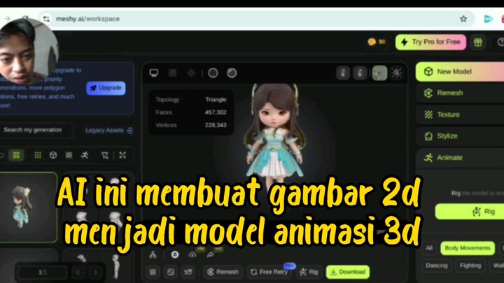 AI gratis membuat gambar 2 Dimensi menjadi model animasi 3D