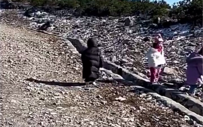 A cute four-year-old kid is skipping rope with their shadow on the mountaintop, and mom marvels: “My