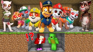 JJ and Mikey HIDE From Scary PAW PATROL.EXE and TALKING TOM AND ANGELA.EXE in Minecraft Maizen