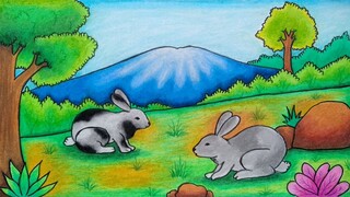 Menggambar pemandangan alam dan kelinci || Cara menggambar dan mewarnai kelinci || Menggambar gunung