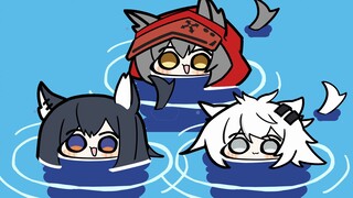 [Arknights] Two wolves playing in the water, but the red one is behind.