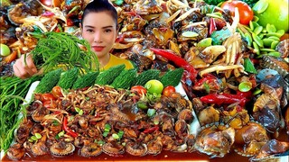 ตำหอยเเครงเผ็ดๆ🔥เนื้อหอยหวาน เเกล้มยอดชะอมหอมๆ|ส้มซ่าพาเเซ่บ