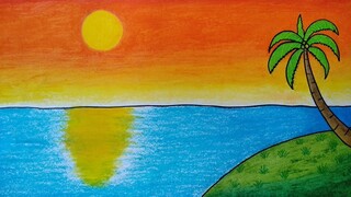 Menggambar pemandangan matahari terbenam || Menggambar pemandangan pantai sore hari