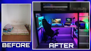 DIY LOFT BED  W/ GAMING AREA |Small Room Makeover Ultimate Gaming Room Setup w/ LED expert Lighting