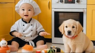 Baby Chef Makes Sushi with His Pet Crew 🍣🐾