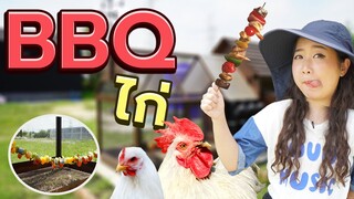 DIY ทำบาบีคิวให้ไก่จ๋า (chicken flock eating veggies & fruit threaded on wire) EP.220